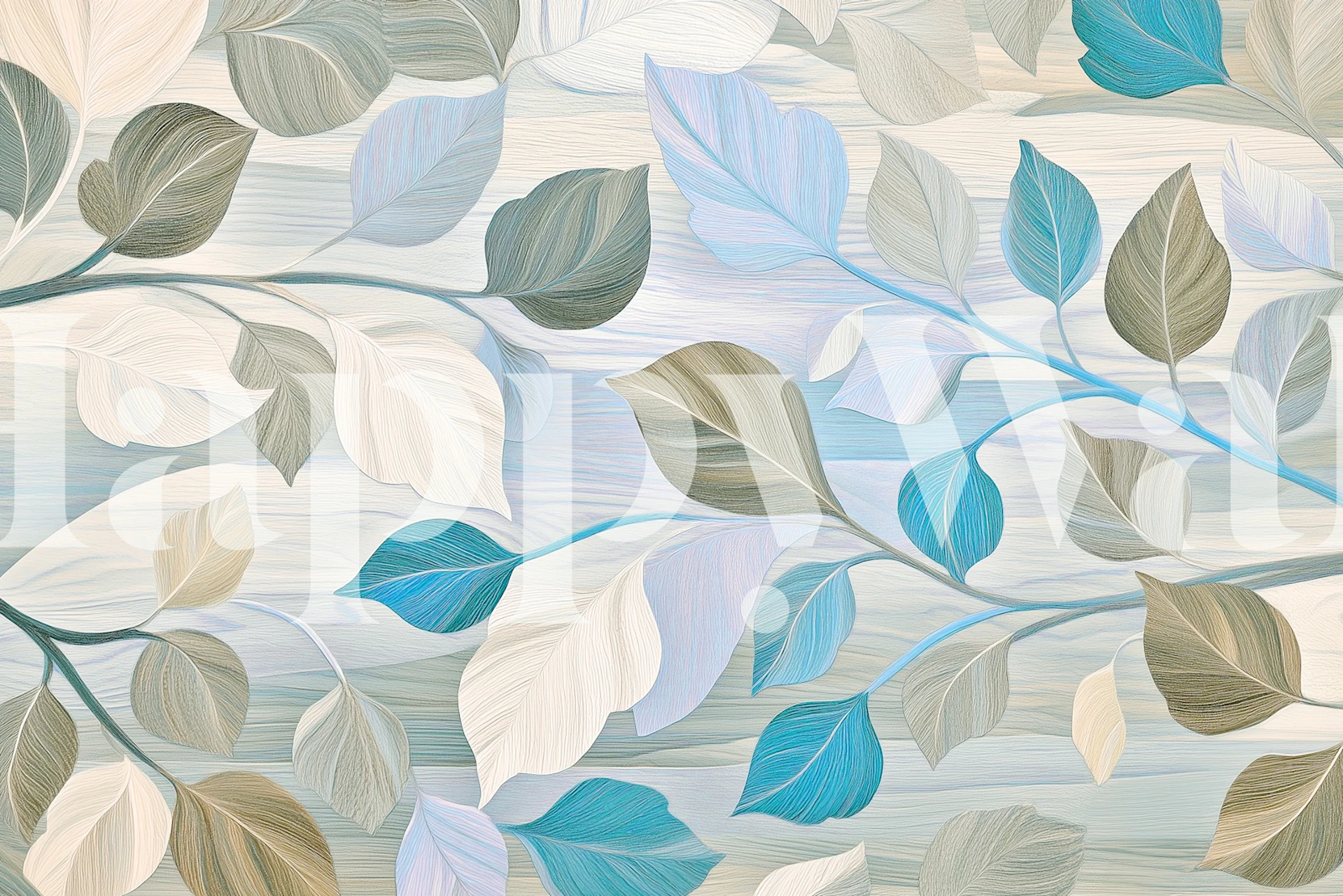 Leafy pattern in blue, white, and gray tones wallpaper