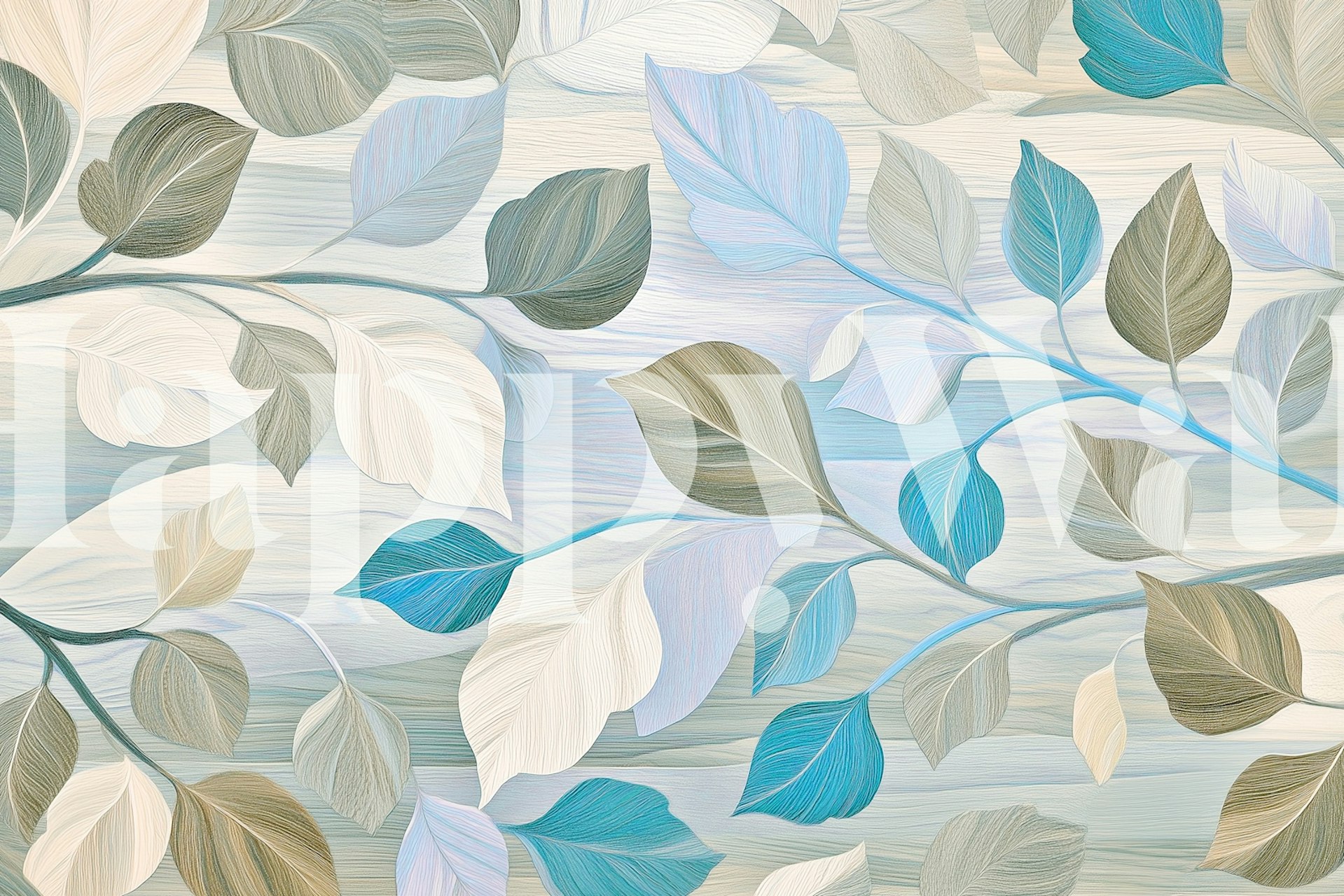 Leafy pattern in blue, white, and gray tones wallpaper
