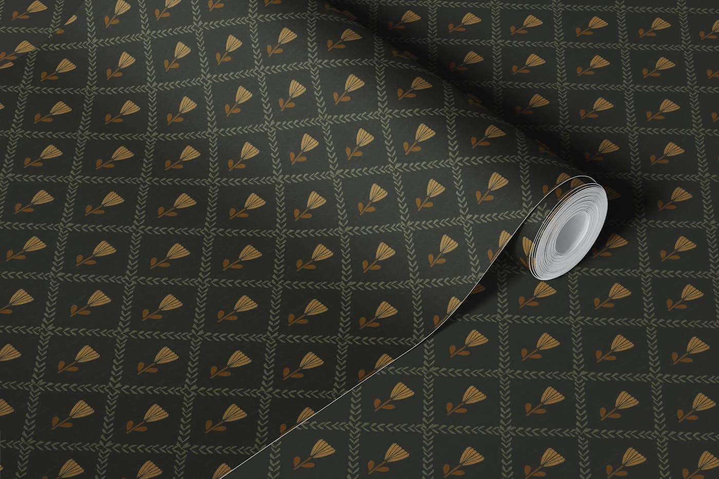 Deep Olive Floral Lattice wallpaper roll
