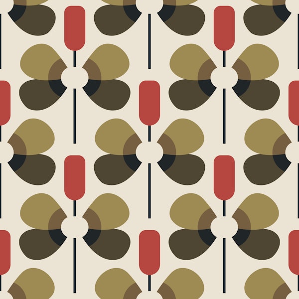 Retro Floral Geometry Khaki Red