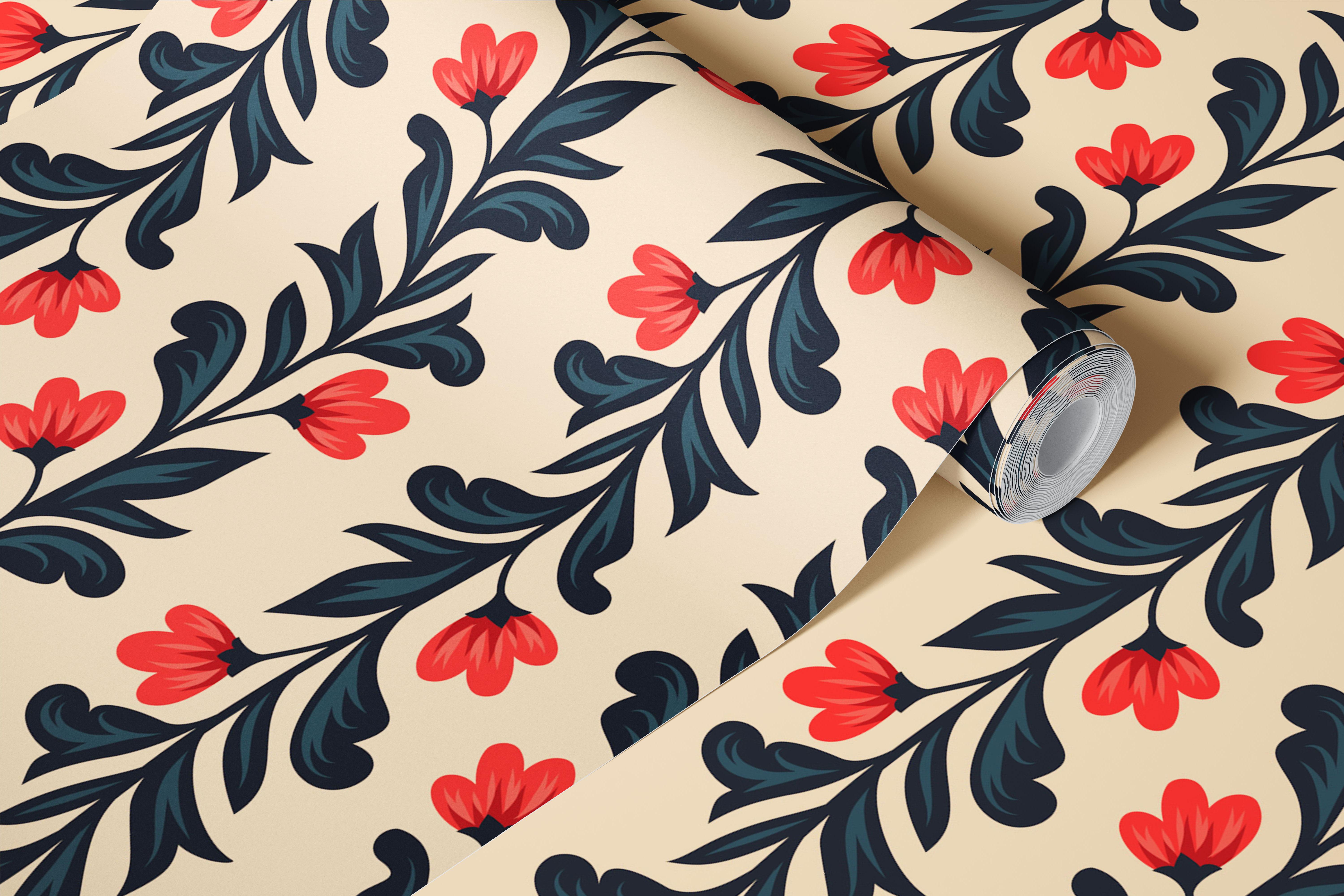 Climbing flowers stripes vibrant red wallpaper design