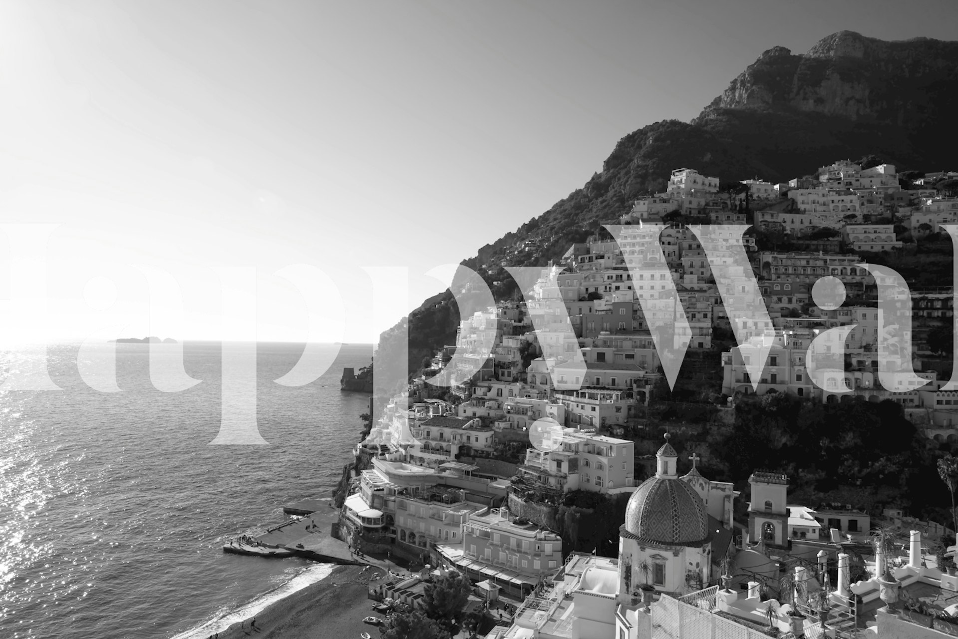 Black and white coastal view wallpaper, featuring hillside buildings and ocean