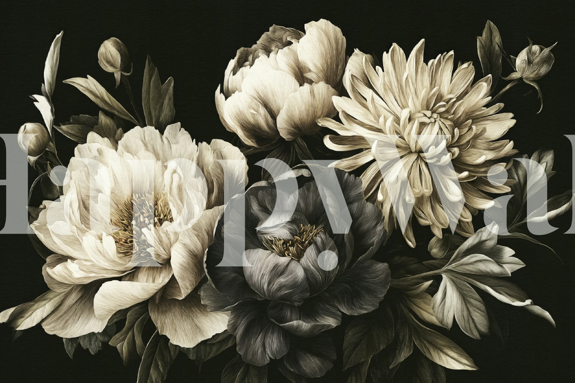 Black and white floral wallpaper with peonies and chrysanthemums
