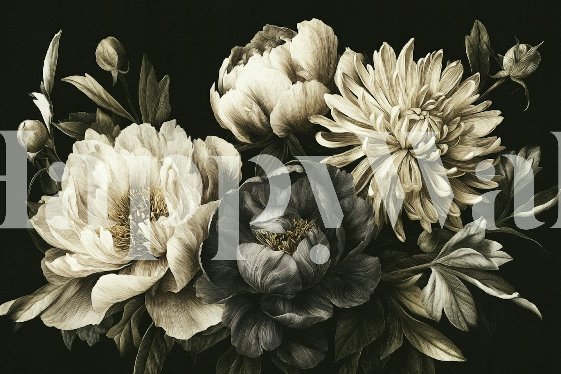 Black and white floral wallpaper with peonies and chrysanthemums