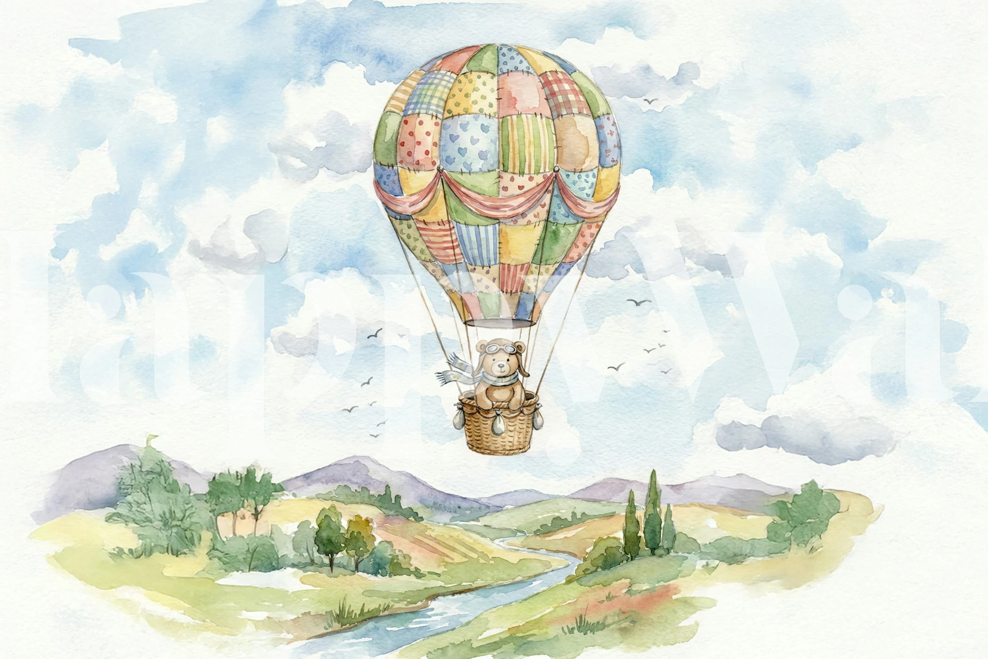 Teddy bear in colorful hot air balloon