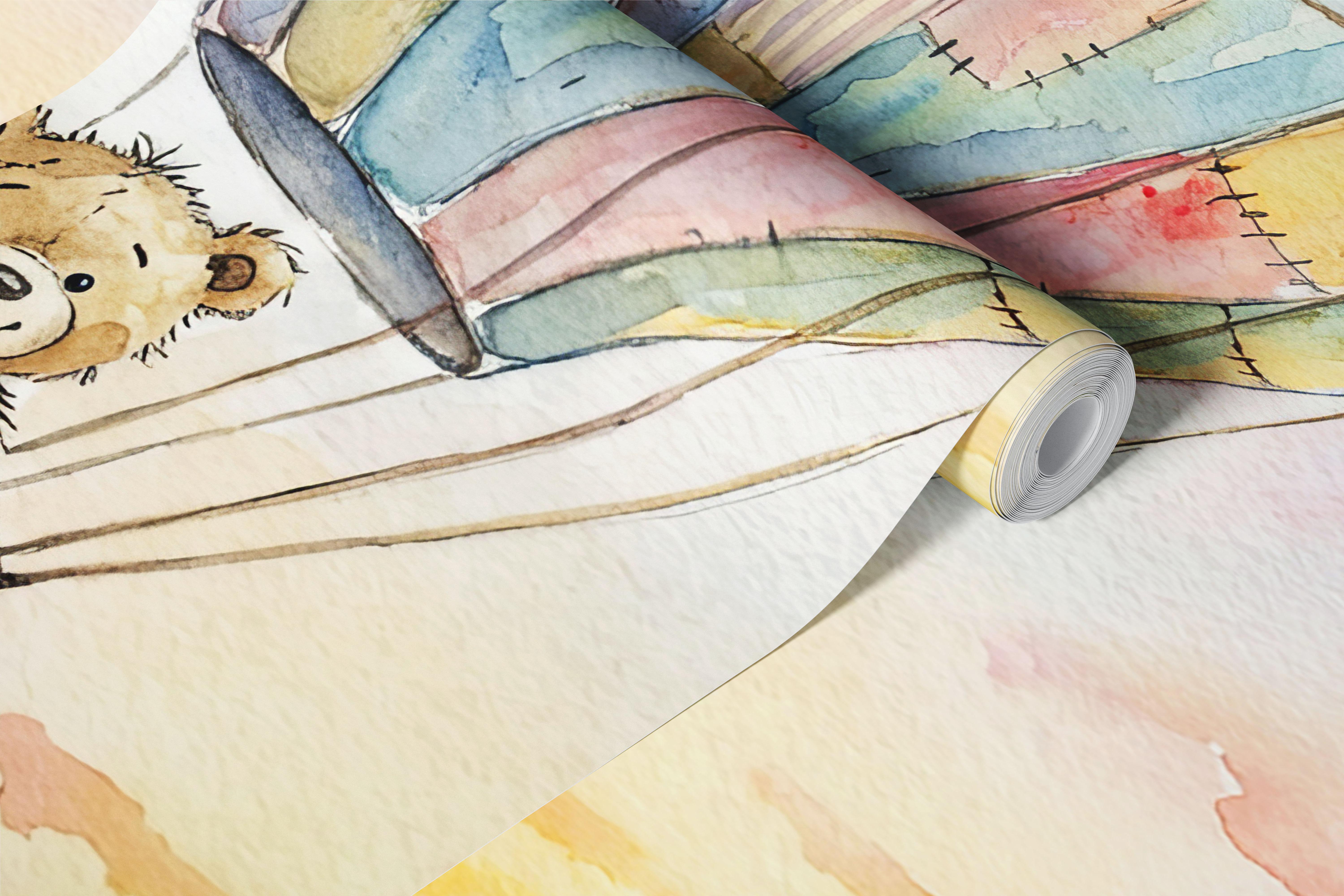 Watercolor hot air balloon, teddy bear, pastel sky wallpaper