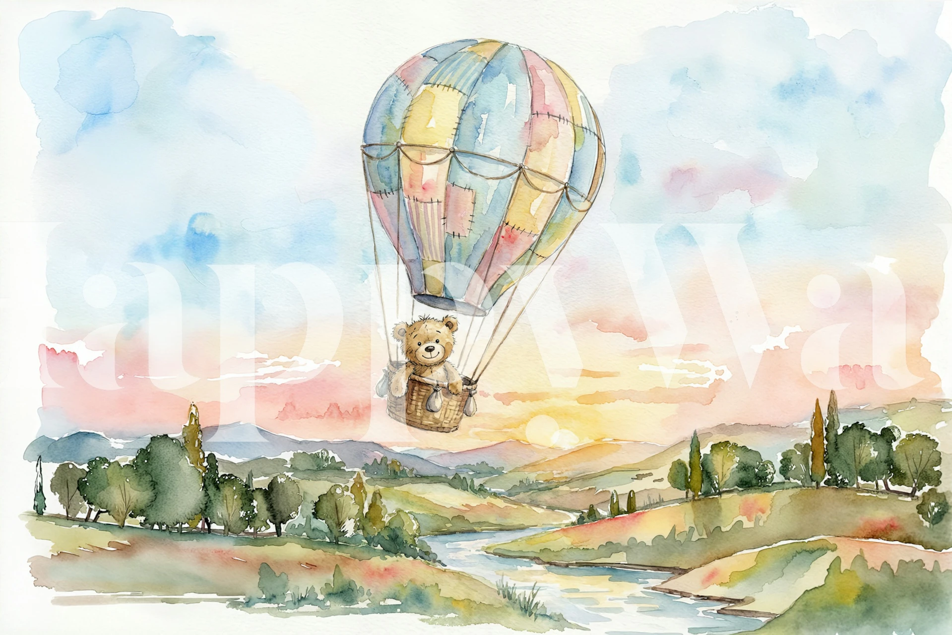 Watercolor hot air balloon, teddy bear, pastel sky wallpaper