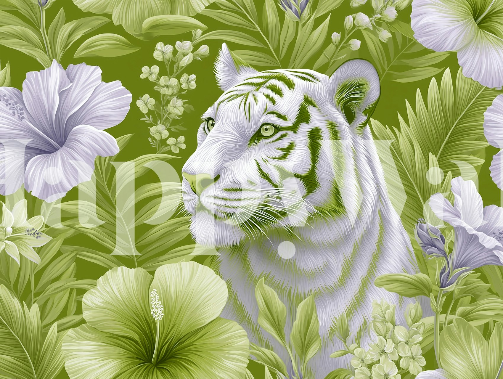 Jungle floral wallpaper featuring a tiger and greenery in green, purple, and white tones