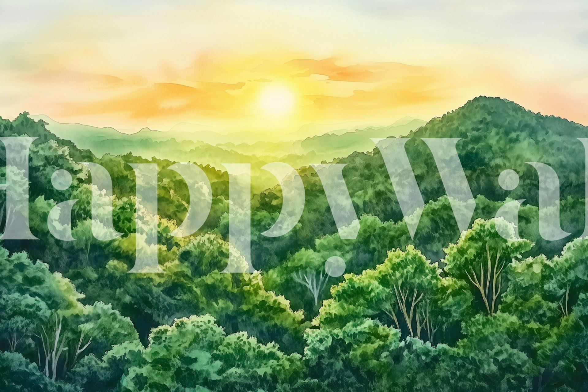 Golden forest landscape with sunrise and greenery wallpaper