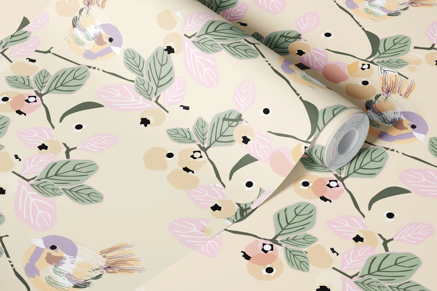 Whimsical Bird and Berry Garden wallpaper roll