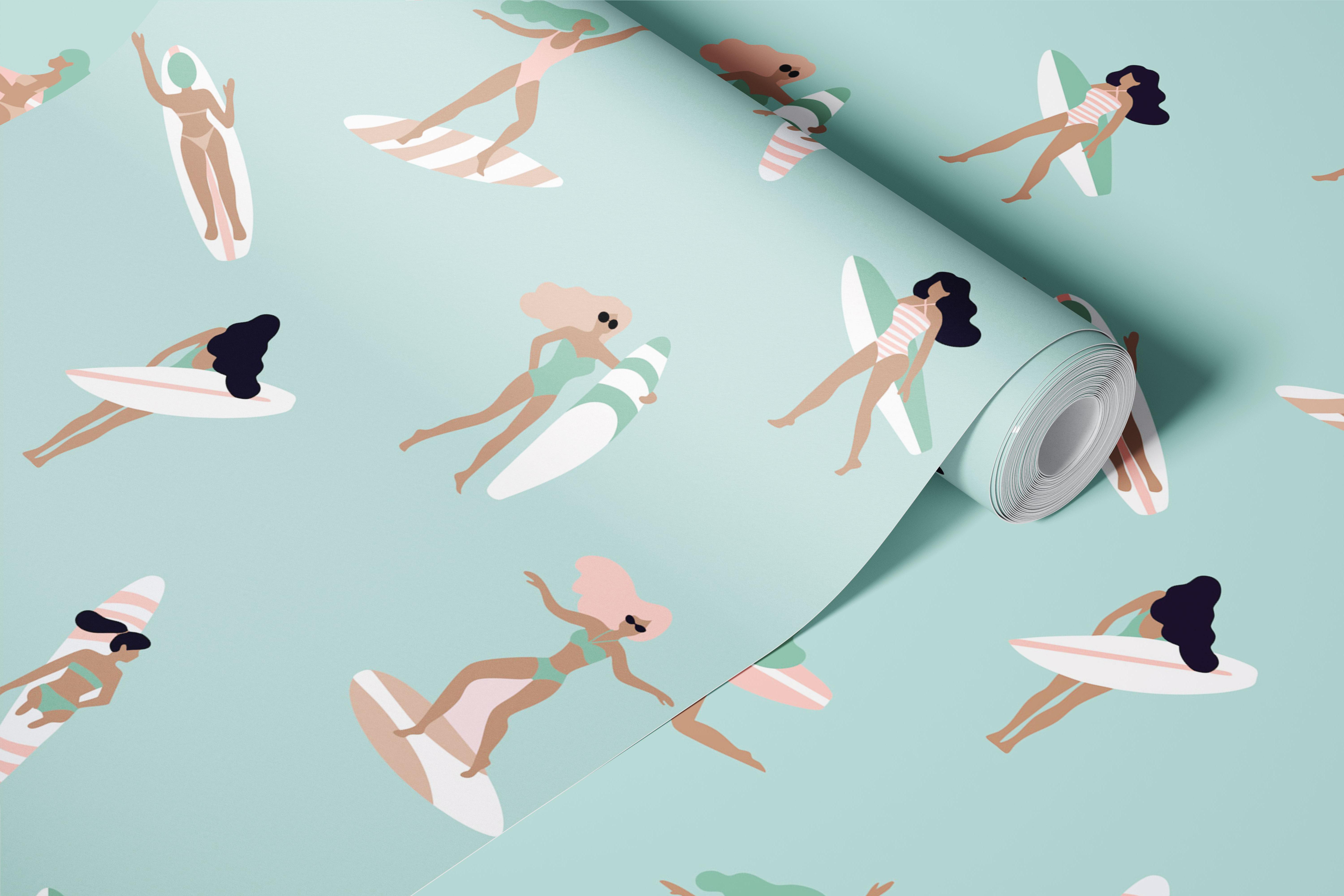 Pastel surfing wallpaper in a bright room