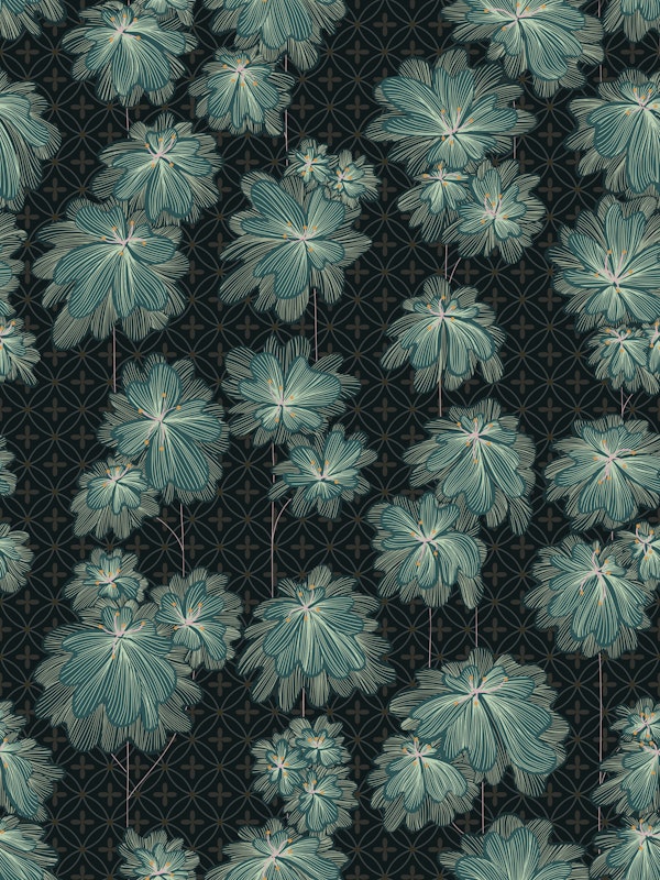 Patterned Japandi Flowers dark teal