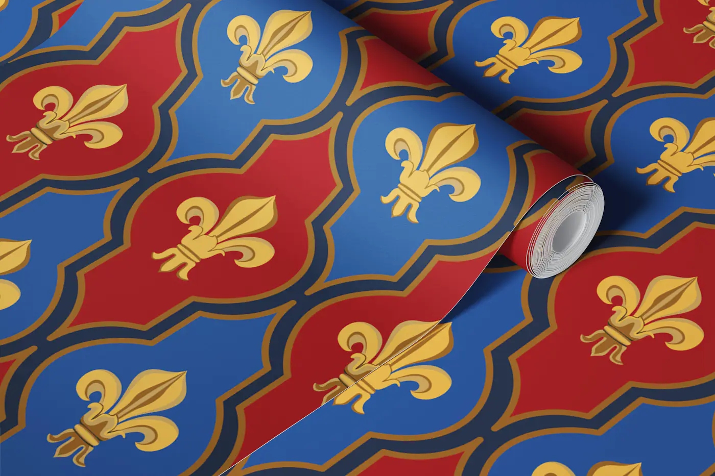 Heraldic Fleur-De-Lis - gold blue red medium wallpaper roll