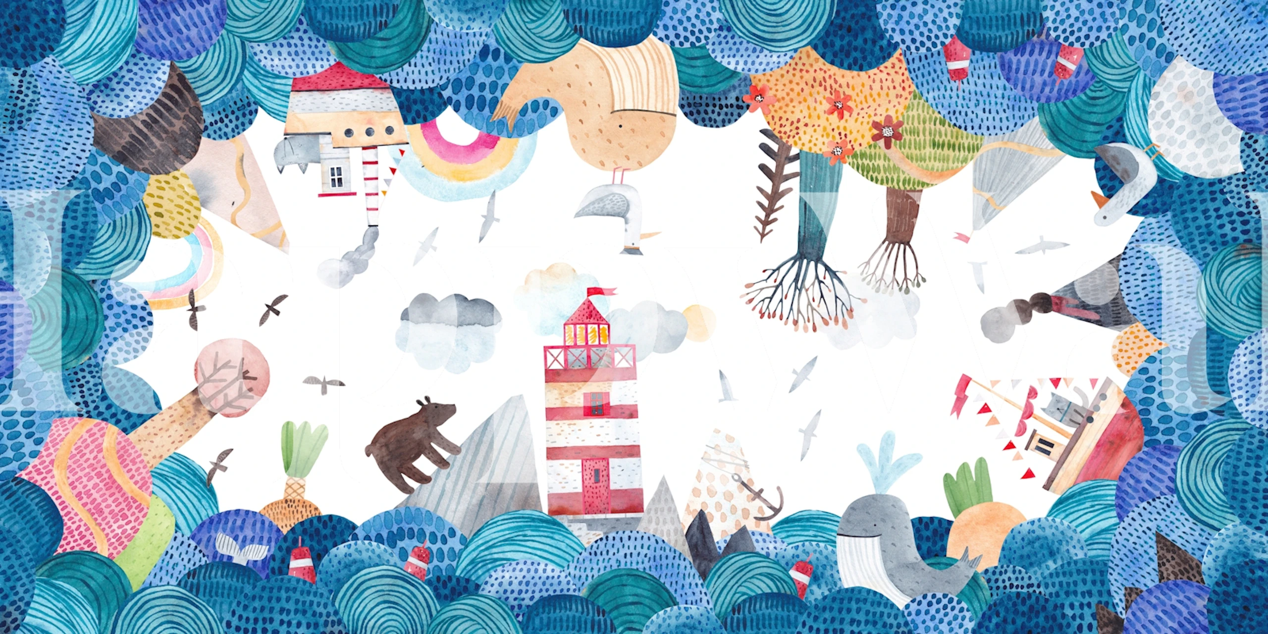 Colorful ocean adventure scene with ships, trees, and waves wallpaper