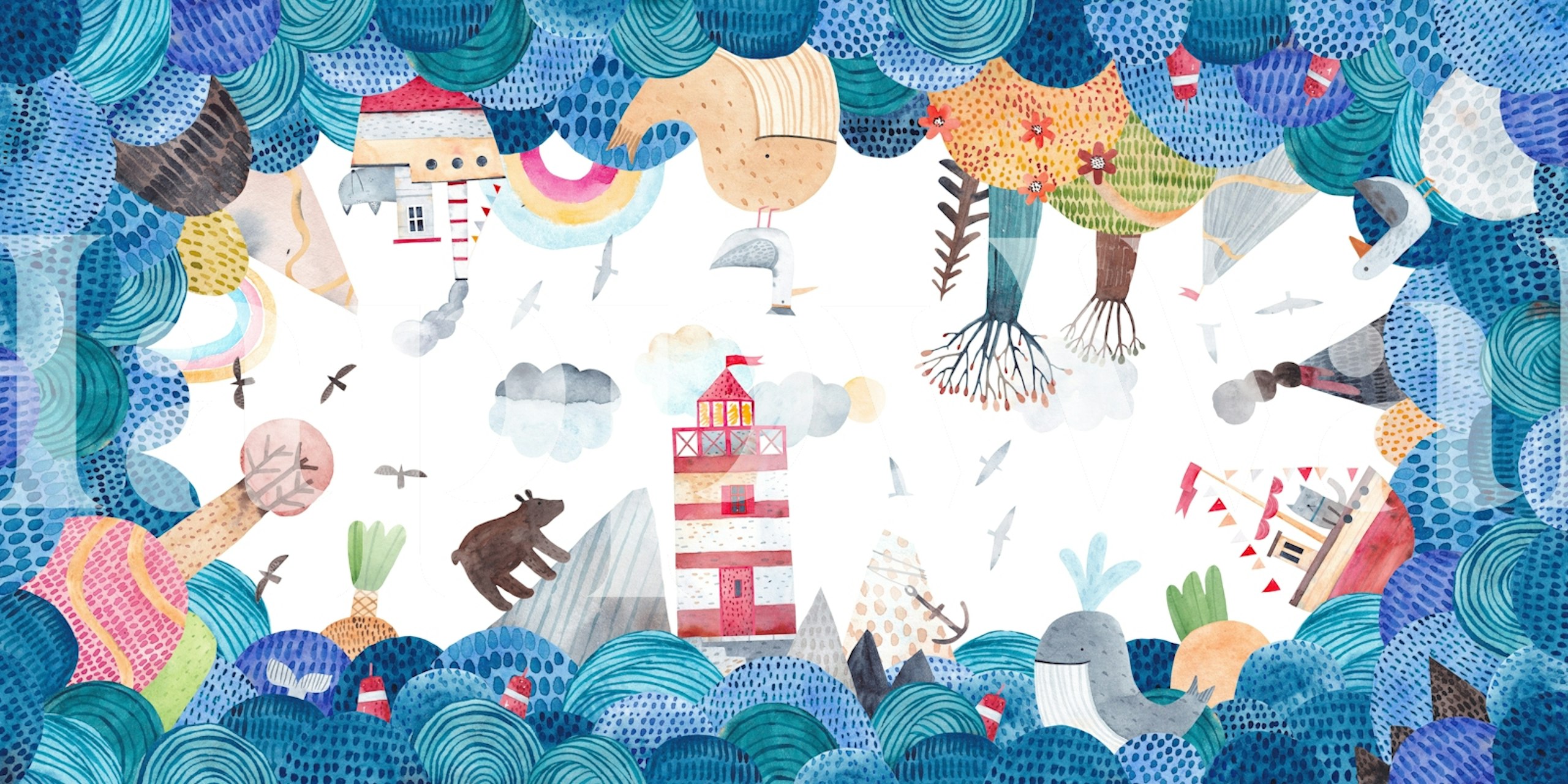 Colorful ocean adventure scene with ships, trees, and waves wallpaper