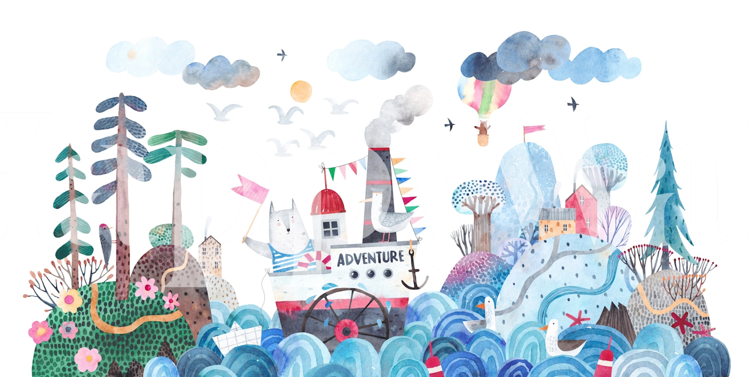 Playful water-themed wallpaper in a room