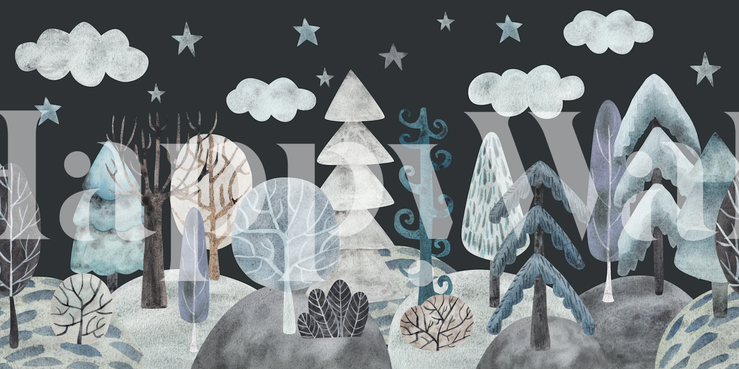 Winter woodland scene with trees and clouds in blue and gray colors wallpaper