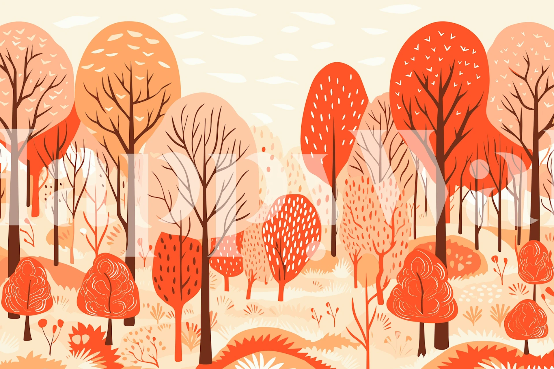 Colorful autumn forest with orange and beige trees wallpaper