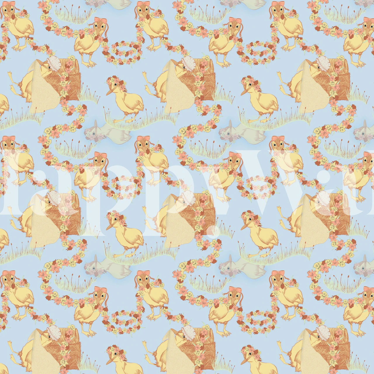 A repeating pattern of yellow ducklings and flowers on a blue background wallpaper