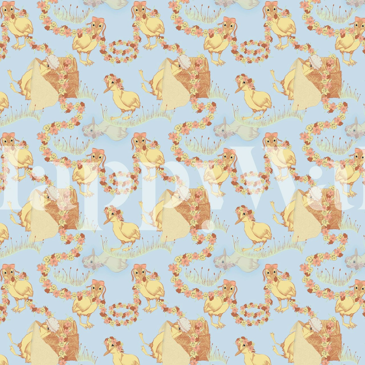 A repeating pattern of yellow ducklings and flowers on a blue background wallpaper