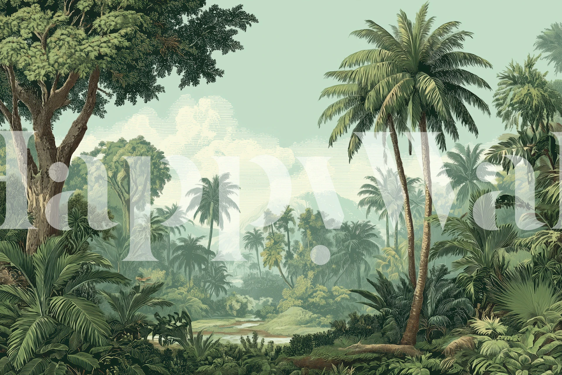 Lush green jungle landscape with palm trees and foliage wallpaper