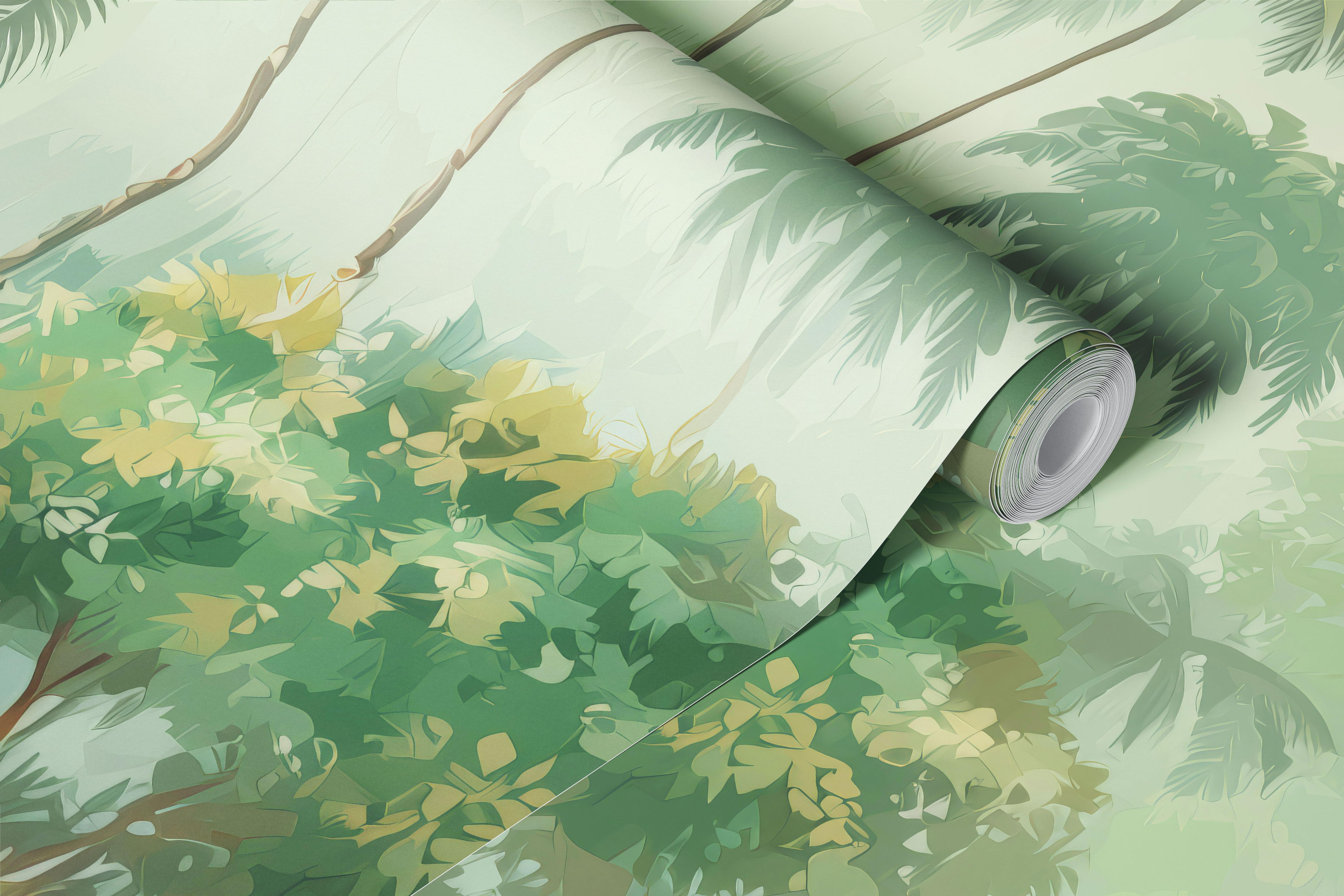 Lush tropical palms with soft green hues in a vintage style wallpaper