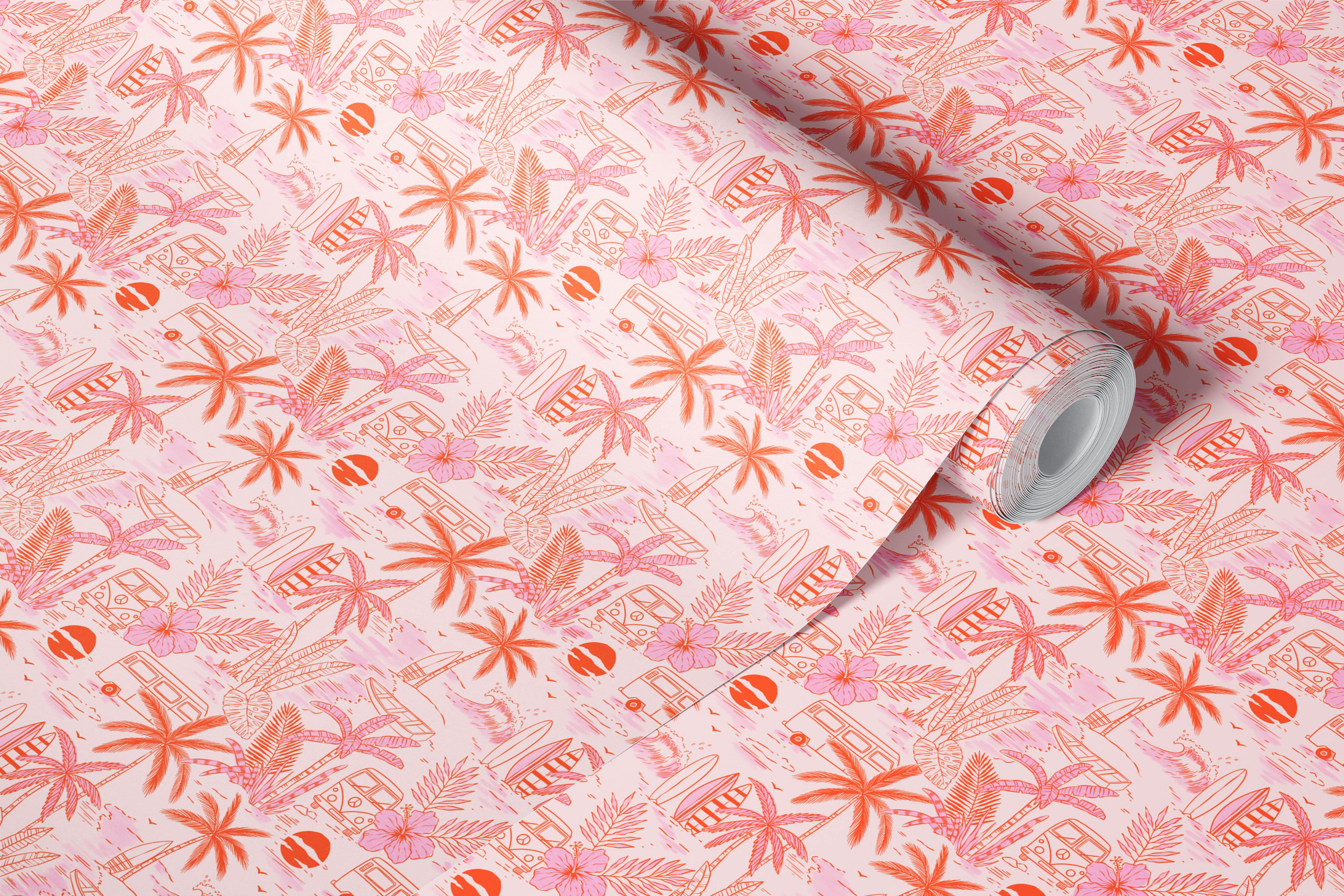 Tropical Sunset Vibes behang getoond in een kamer