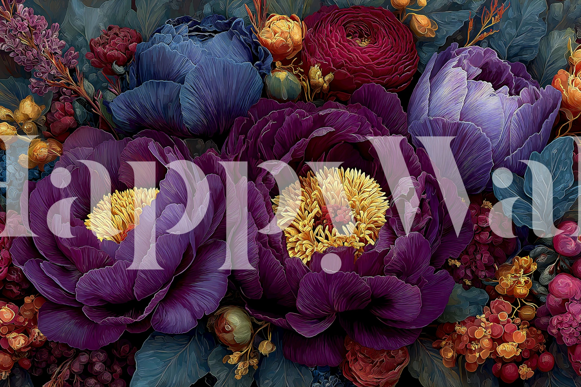 Purple botanical floral wallpaper in a room