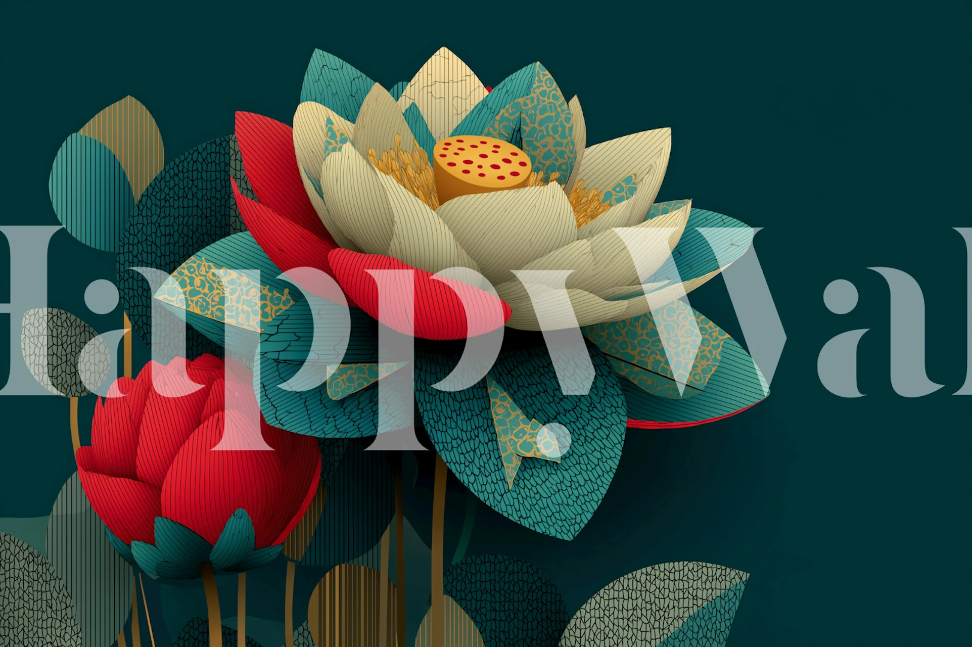 Lotus flowers in red and teal on dark background wallpaper