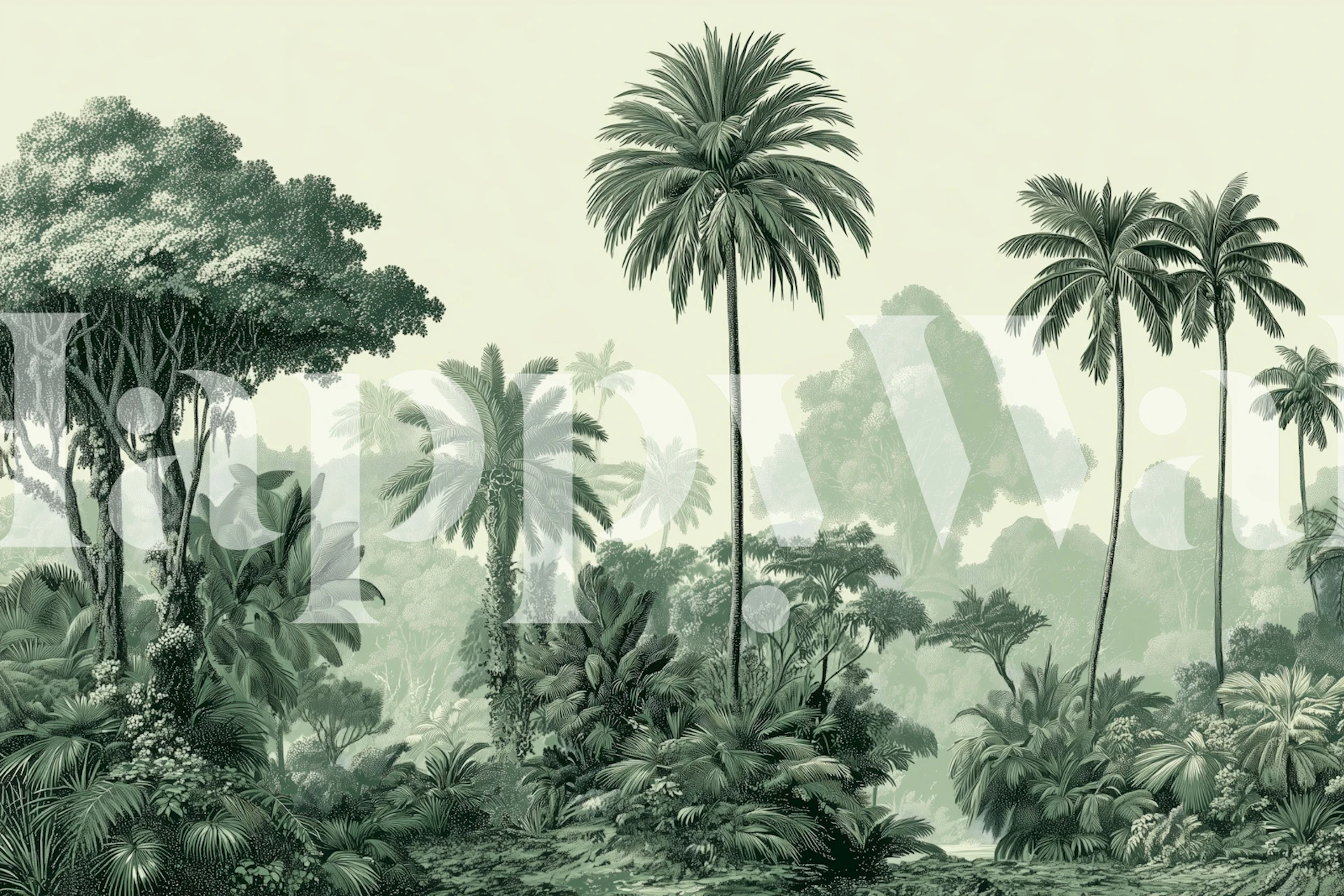 Tropical jungle scene with green palm trees and foliage wallpaper