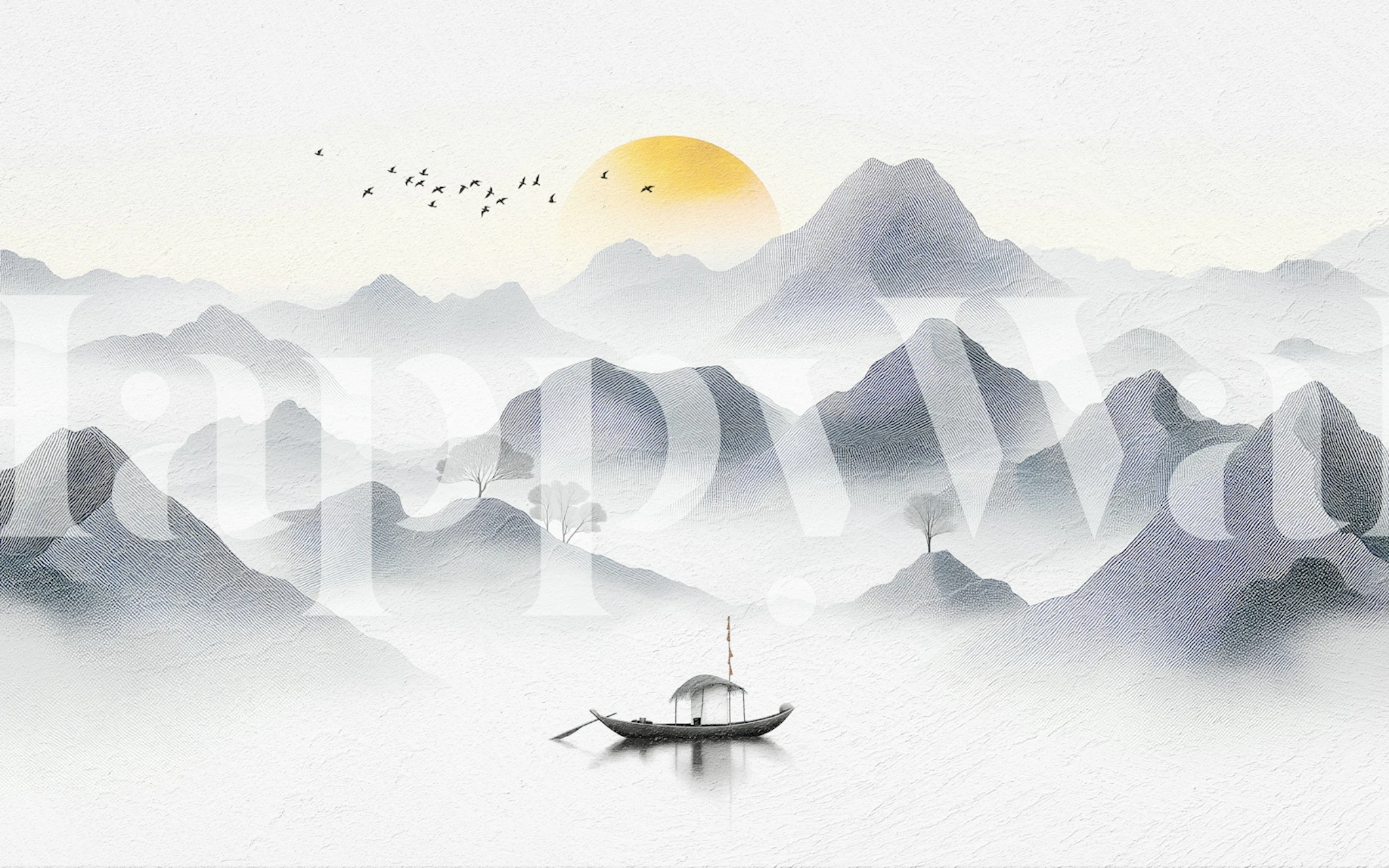 Mountains, sun, boat, and trees in soft gray tones wallpaper