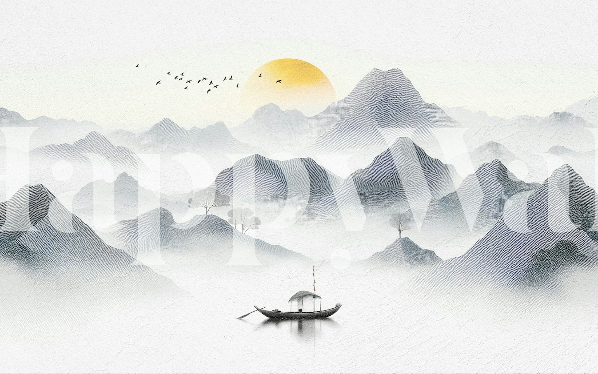 Mountains, sun, boat, and trees in soft gray tones wallpaper