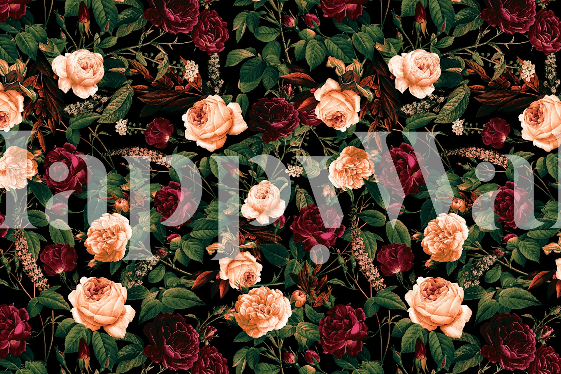 Floral pattern wallpaper featuring pink roses and green leaves on a black background
