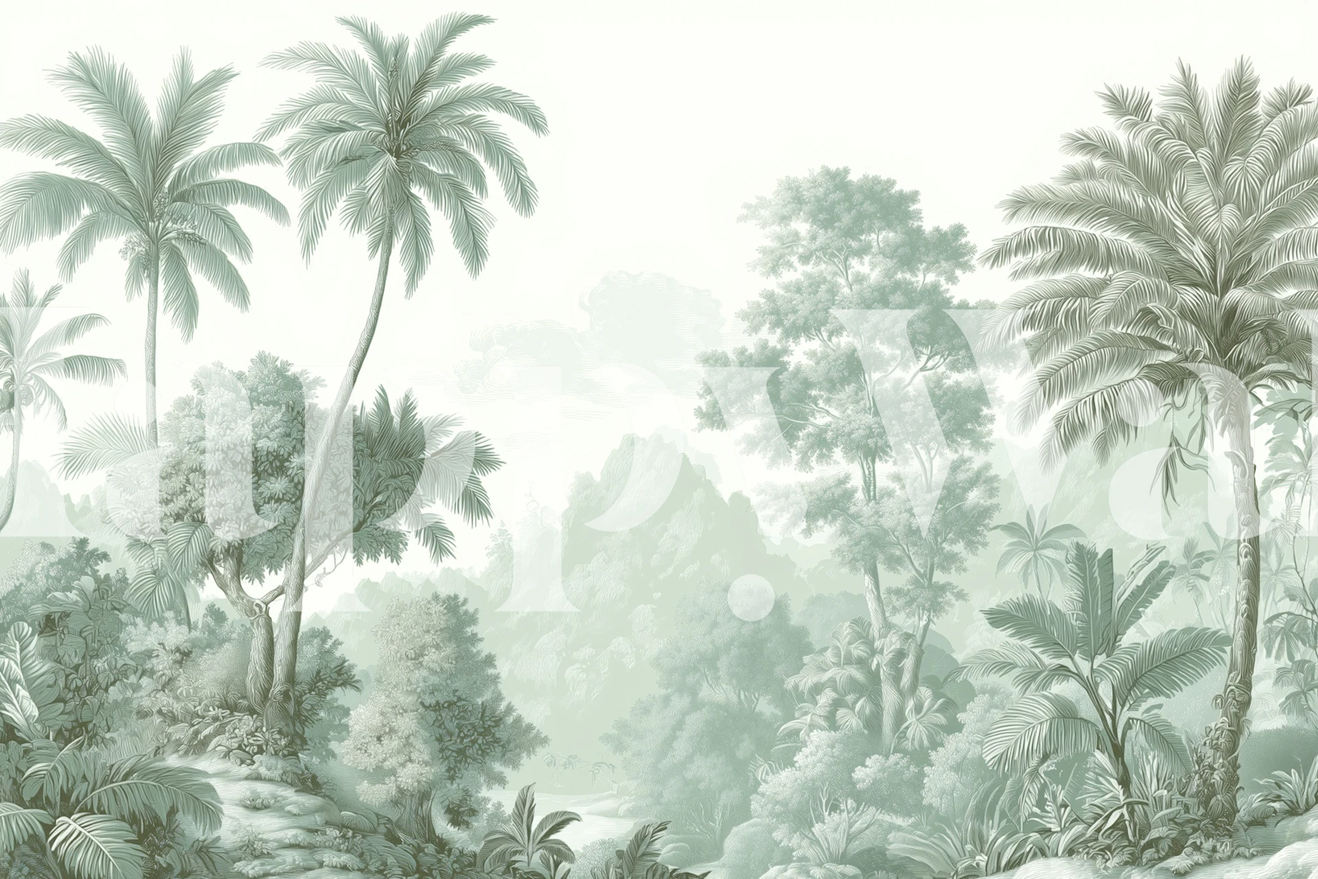 Tropical jungle landscape with palm trees in light green tones wallpaper