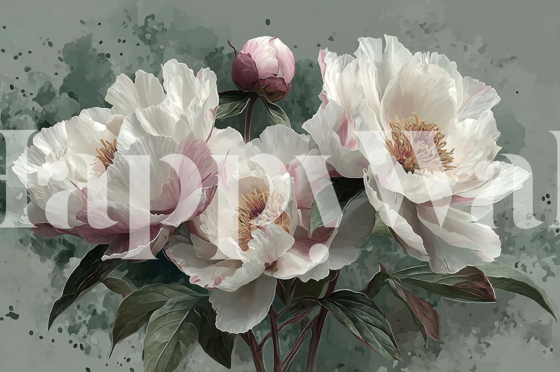 White peony wallpaper in a soft floral room setting