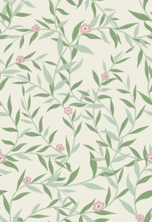 Leaf Branches with Flowers Soft Green & Pink
