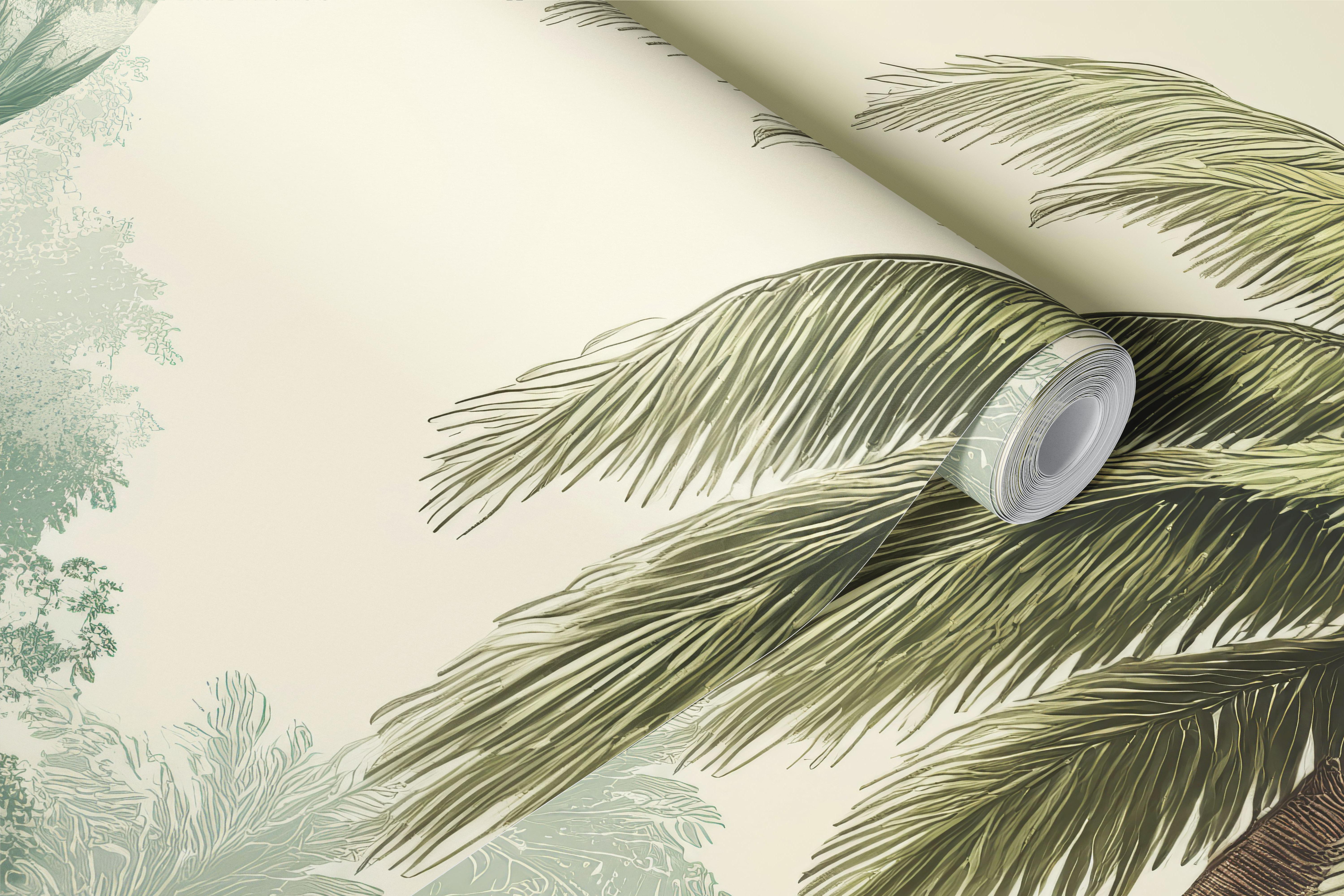 Palm tree wallpaper in a soft tropical room