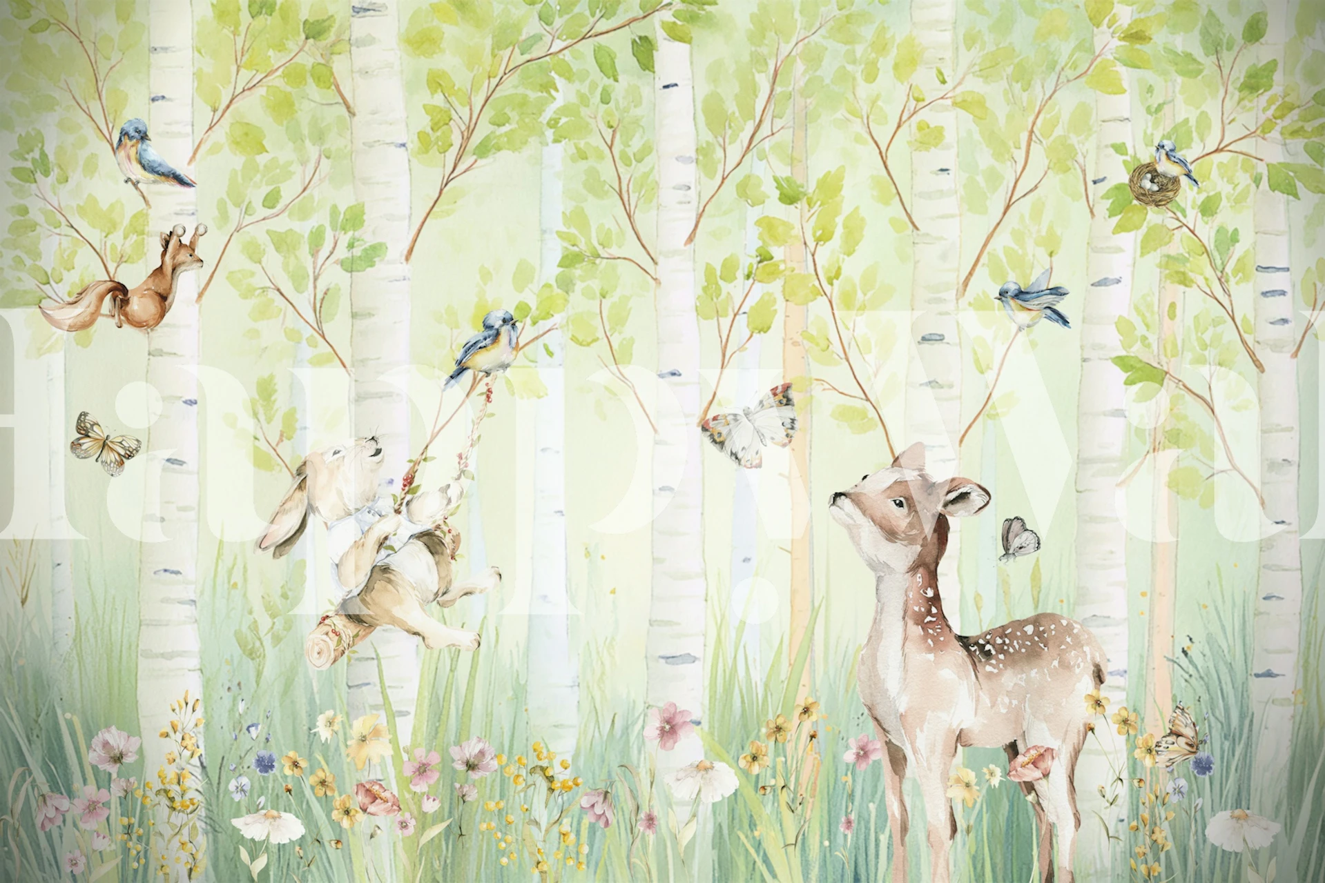 Whimsical forest with deer, bunny, flowers, trees wallpaper