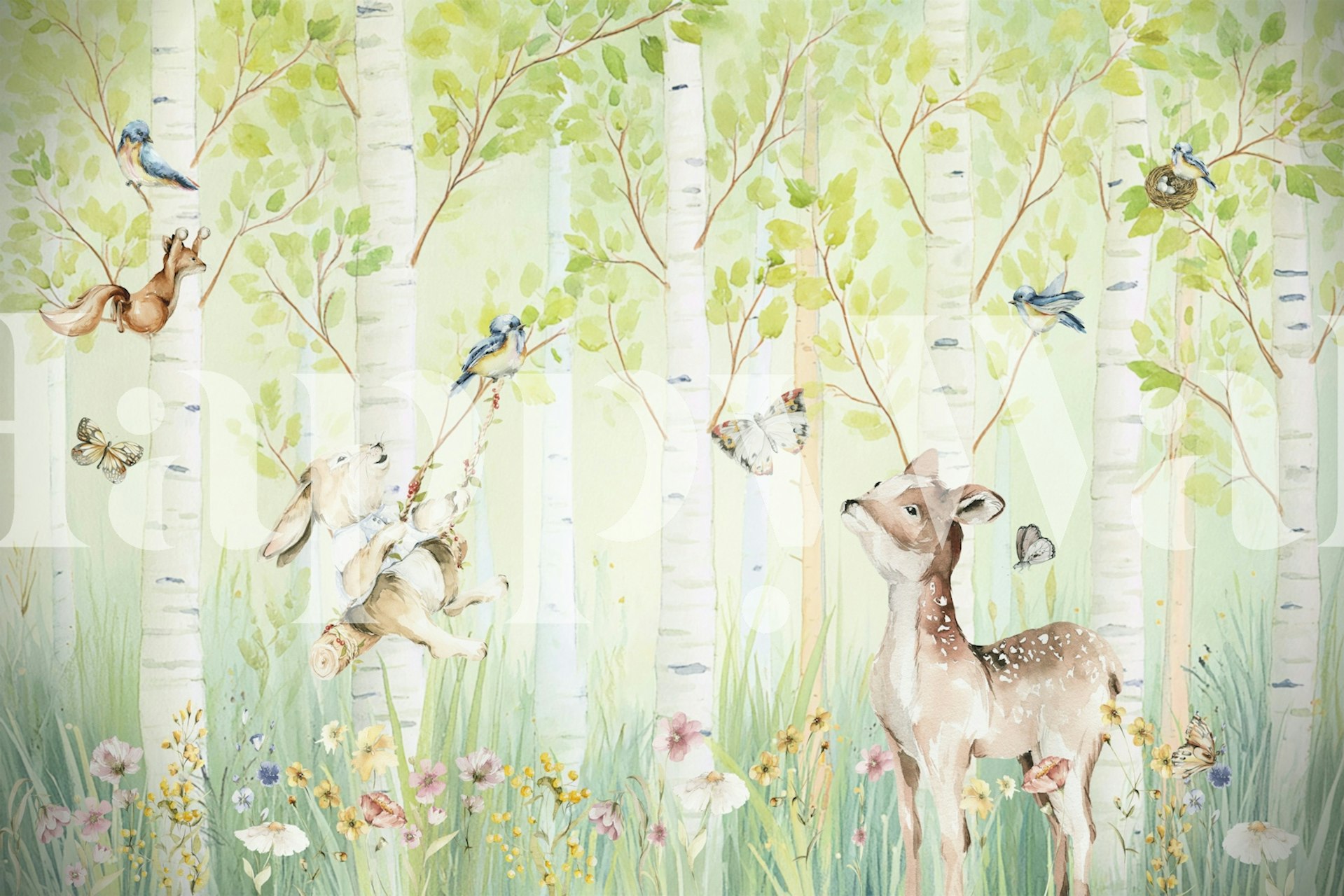 Whimsical forest with deer, bunny, flowers, trees wallpaper