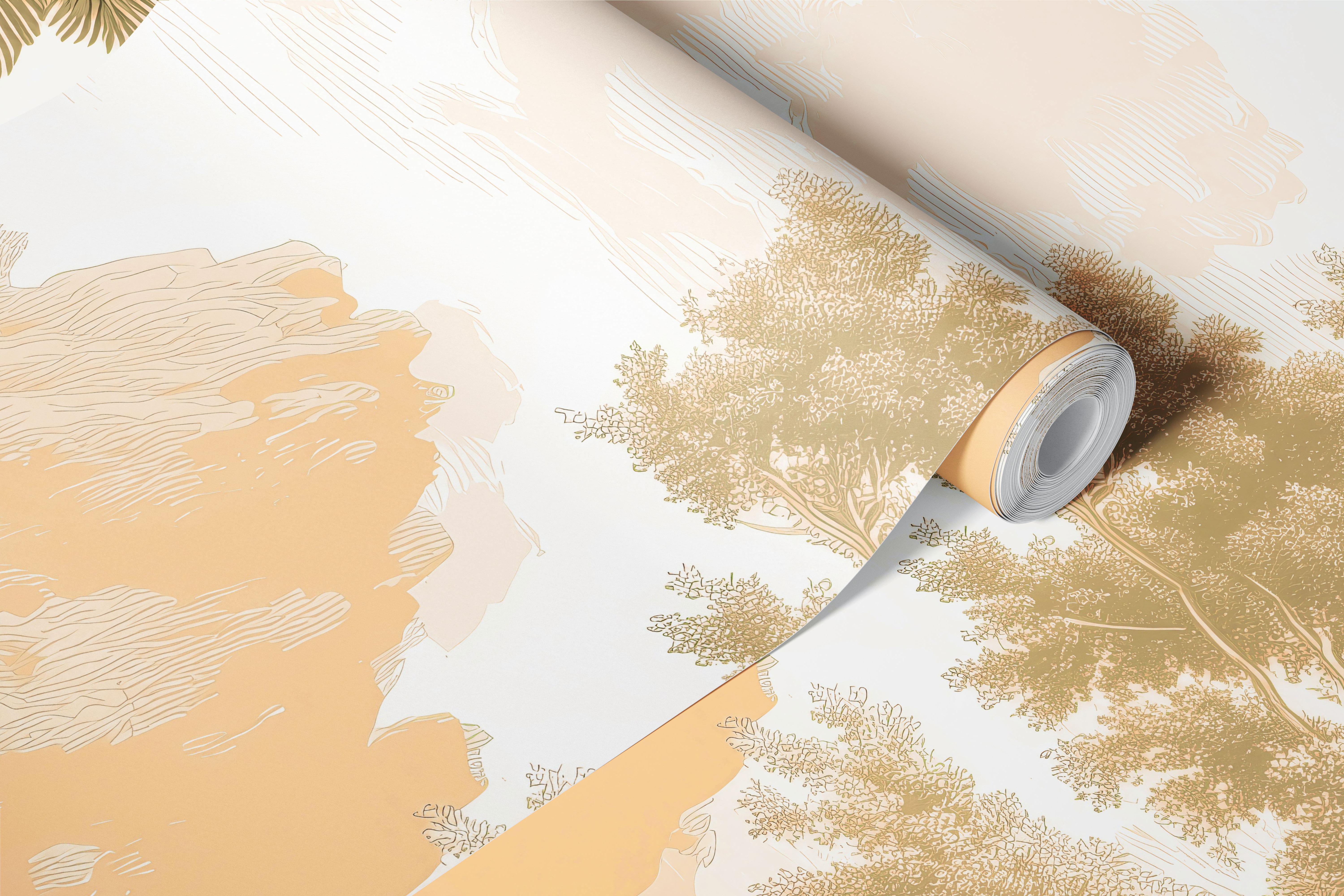 Tropical palm leaves and muted scenery wallpaper