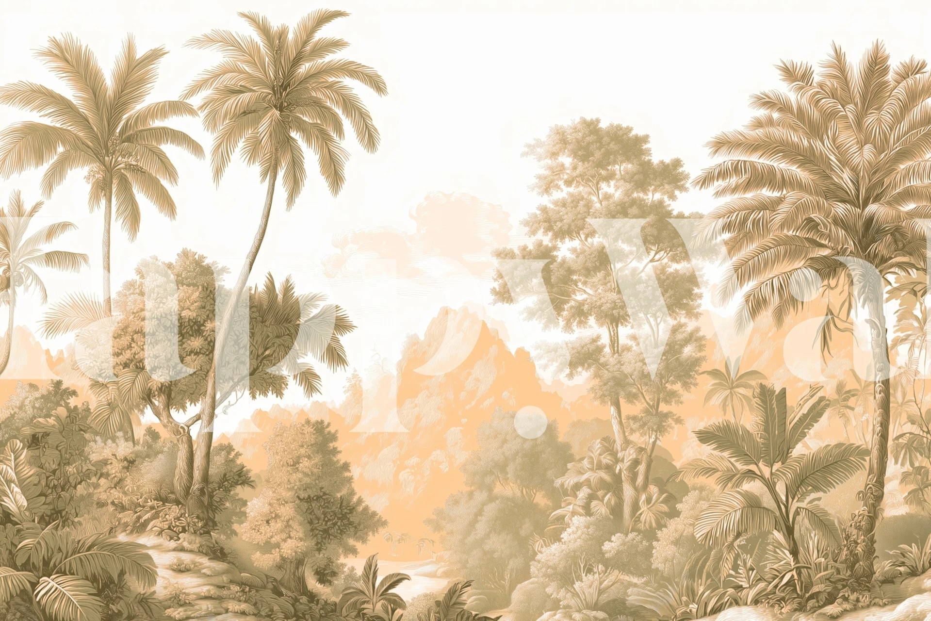Tropical palm leaves and muted scenery wallpaper