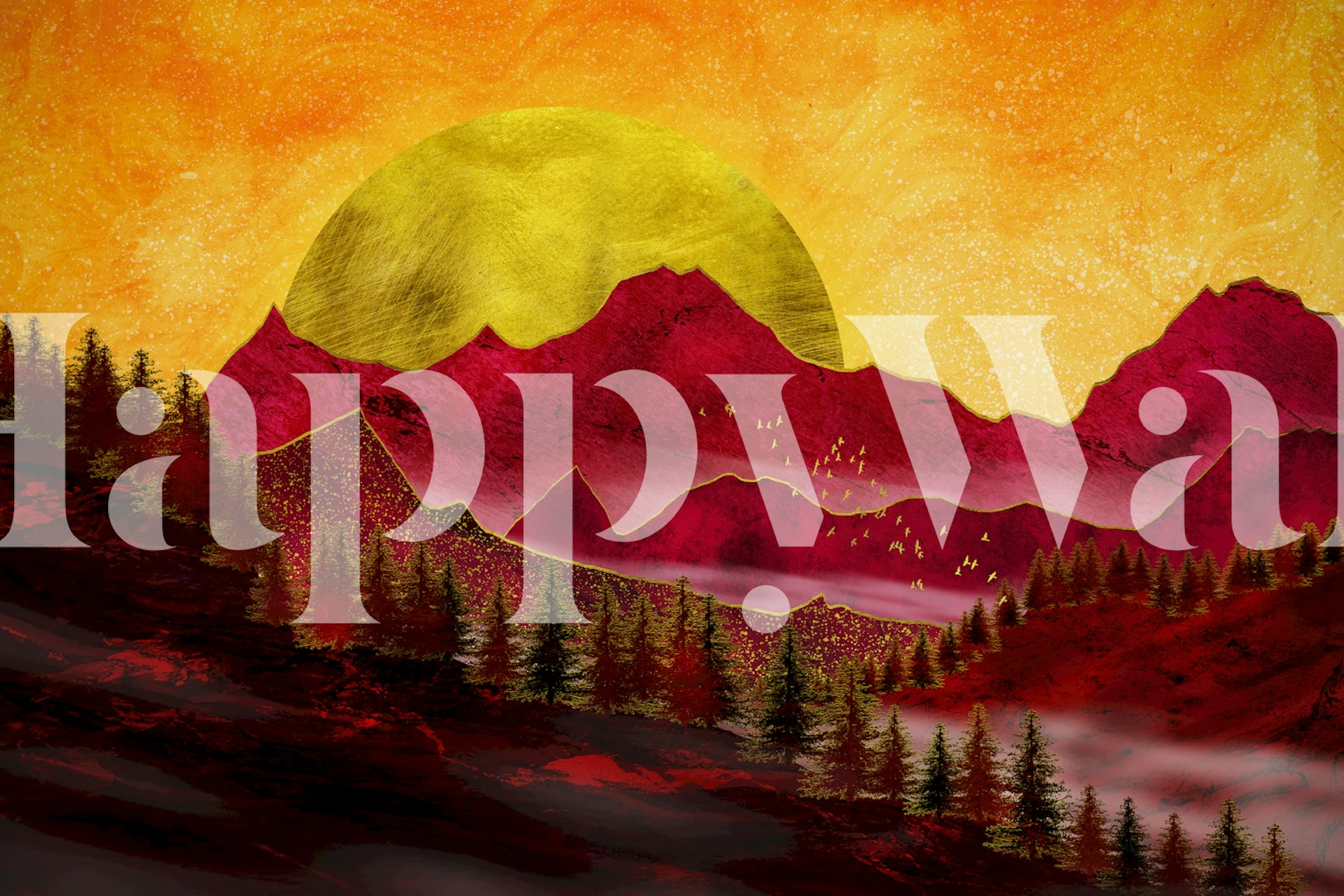 Vibrant red mountain landscape with a golden sun wallpaper