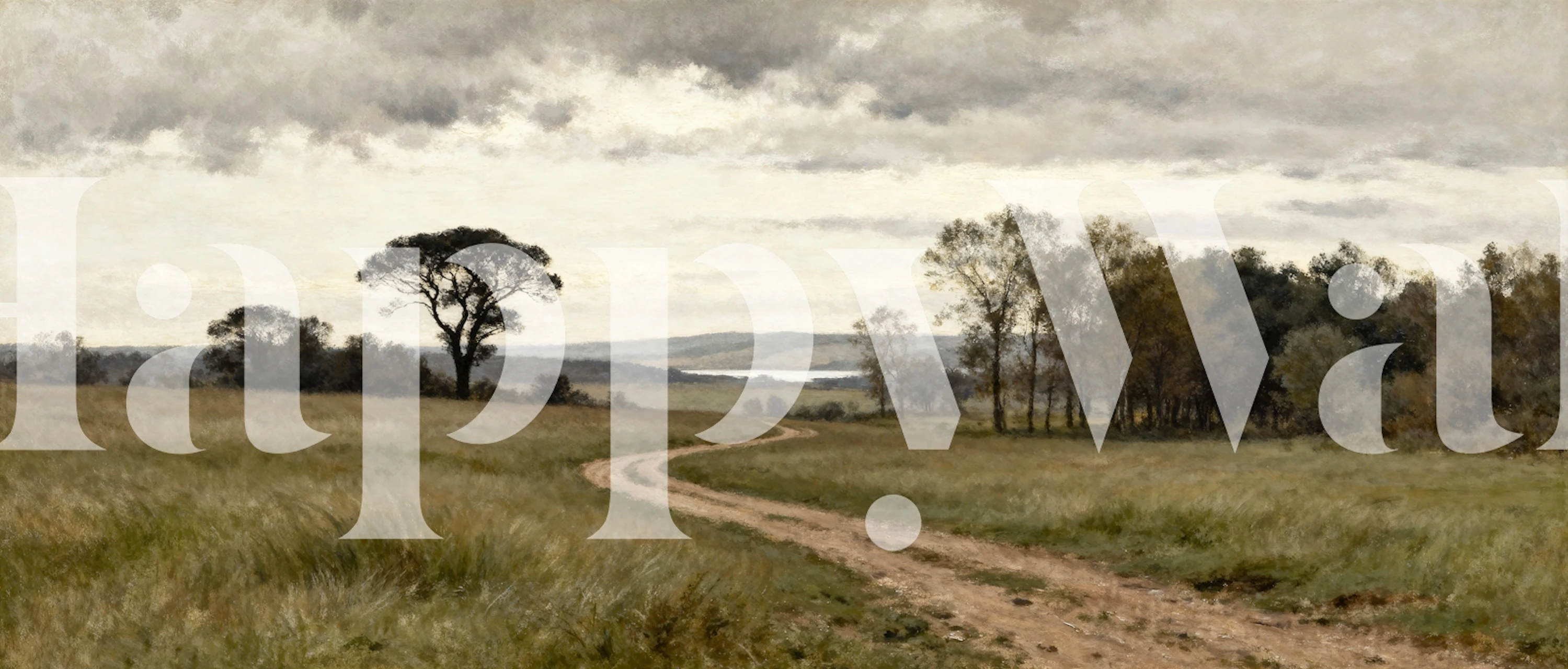 Landscape scene with trees and grass in soft grey tones wallpaper