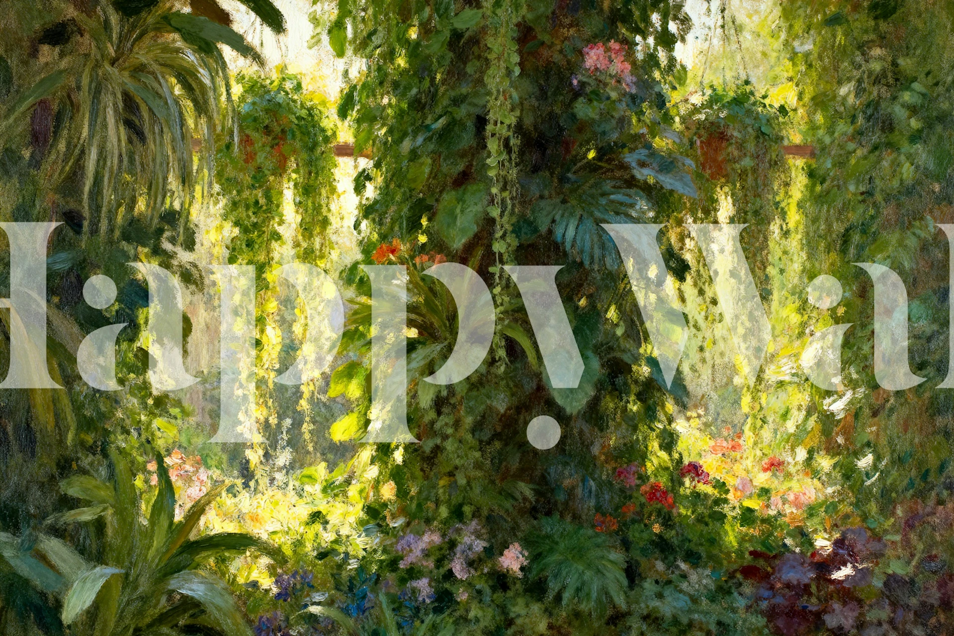 Lush green foliage and floral patterns in vibrant colors wallpaper