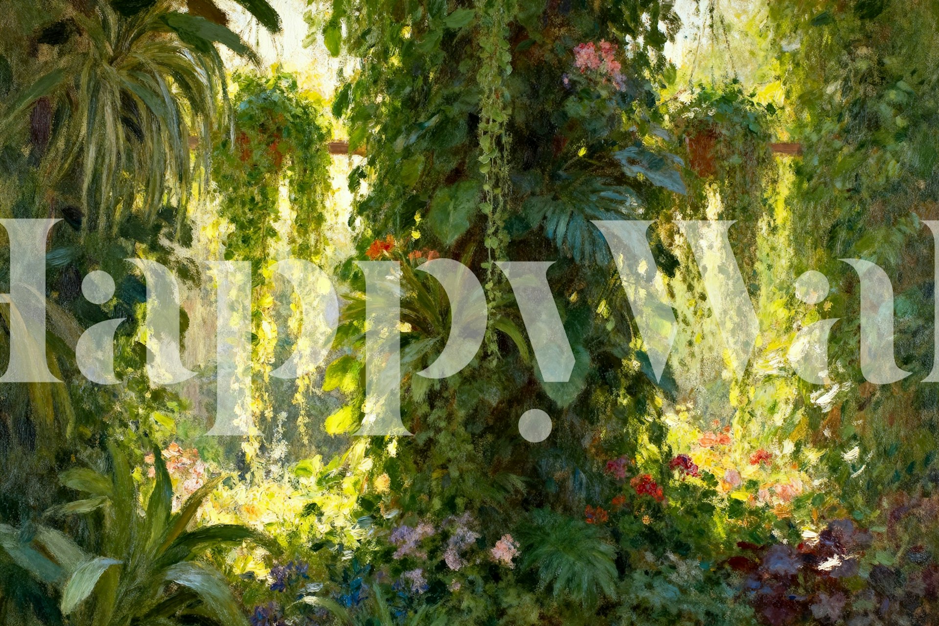 Lush green foliage and floral patterns in vibrant colors wallpaper