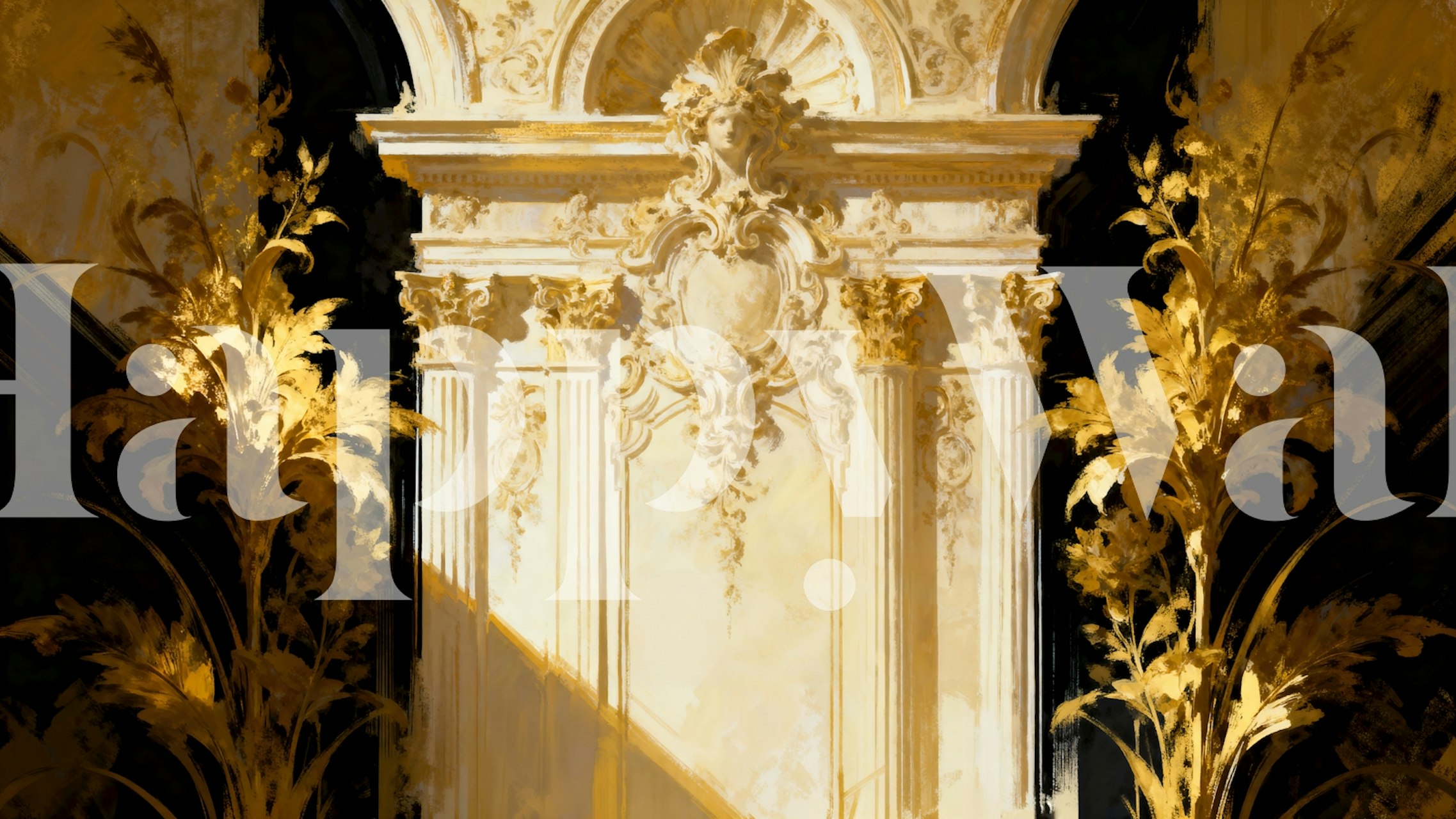 Vintage architectural gold wallpaper with detailed column design