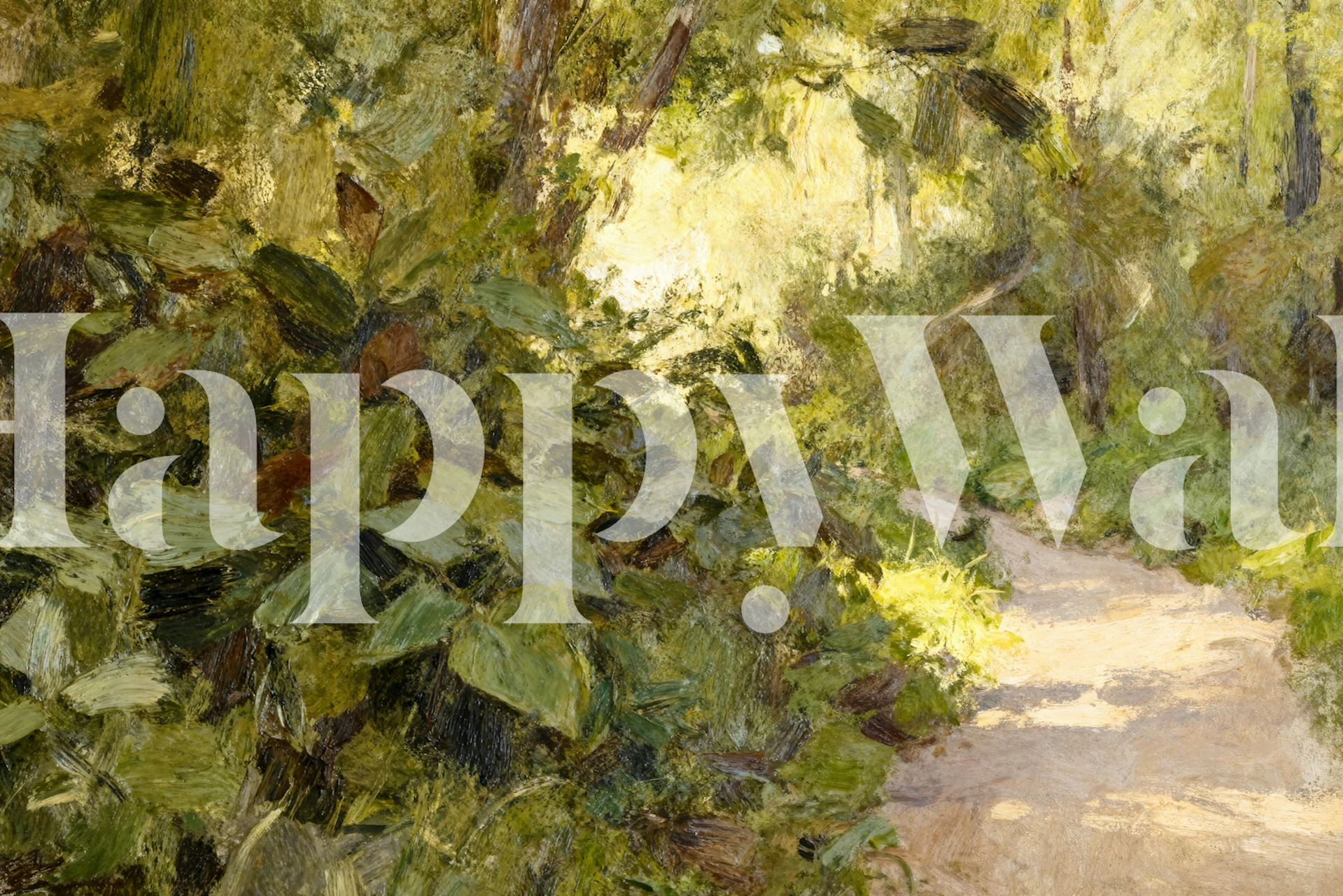 Forest path wallpaper in a room setting