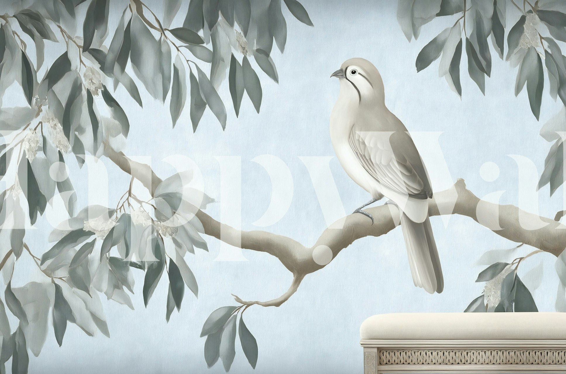 Tranquil bird on leaves wallpaper in a room