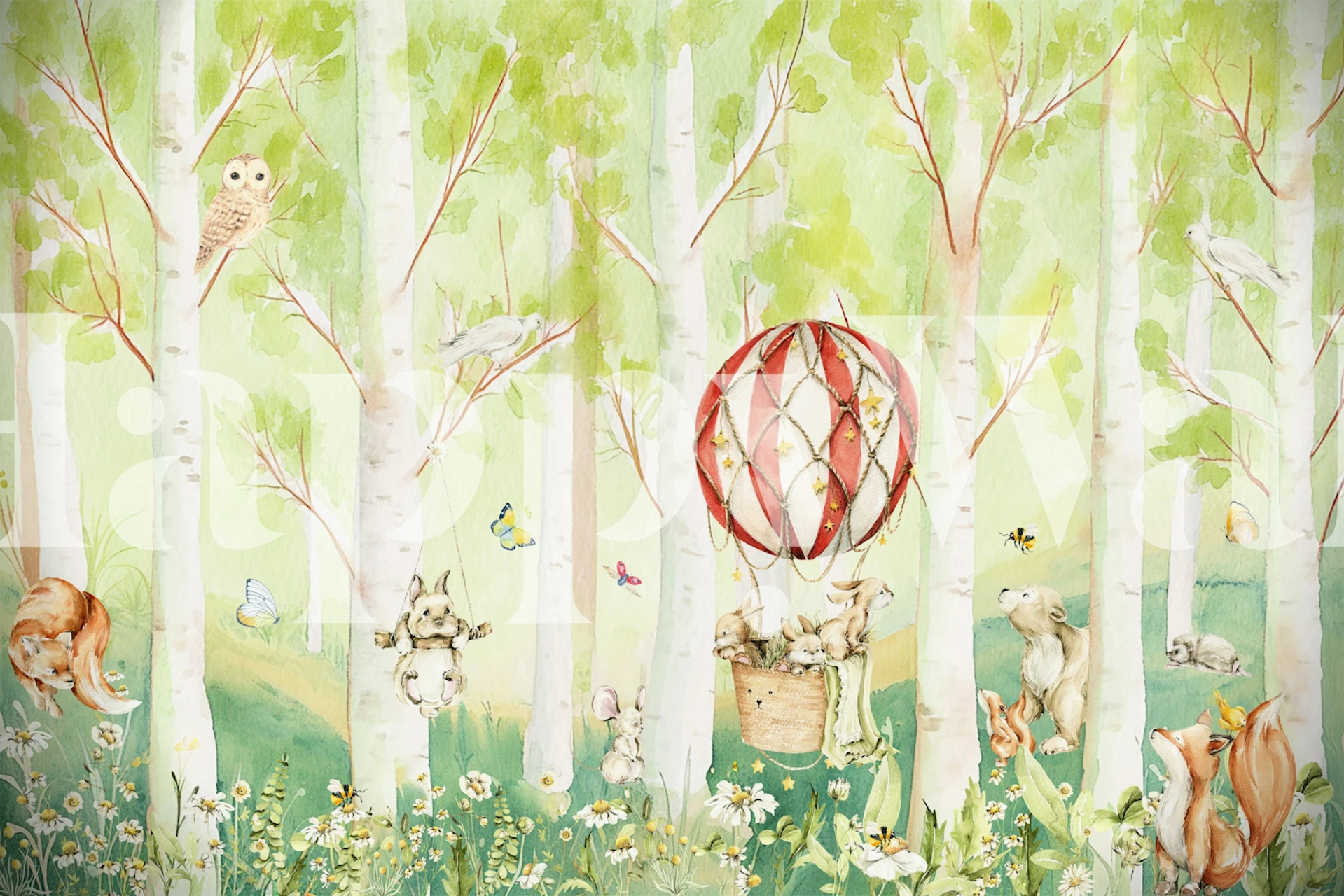 Magical forest wallpaper featuring animals and a hot air balloon