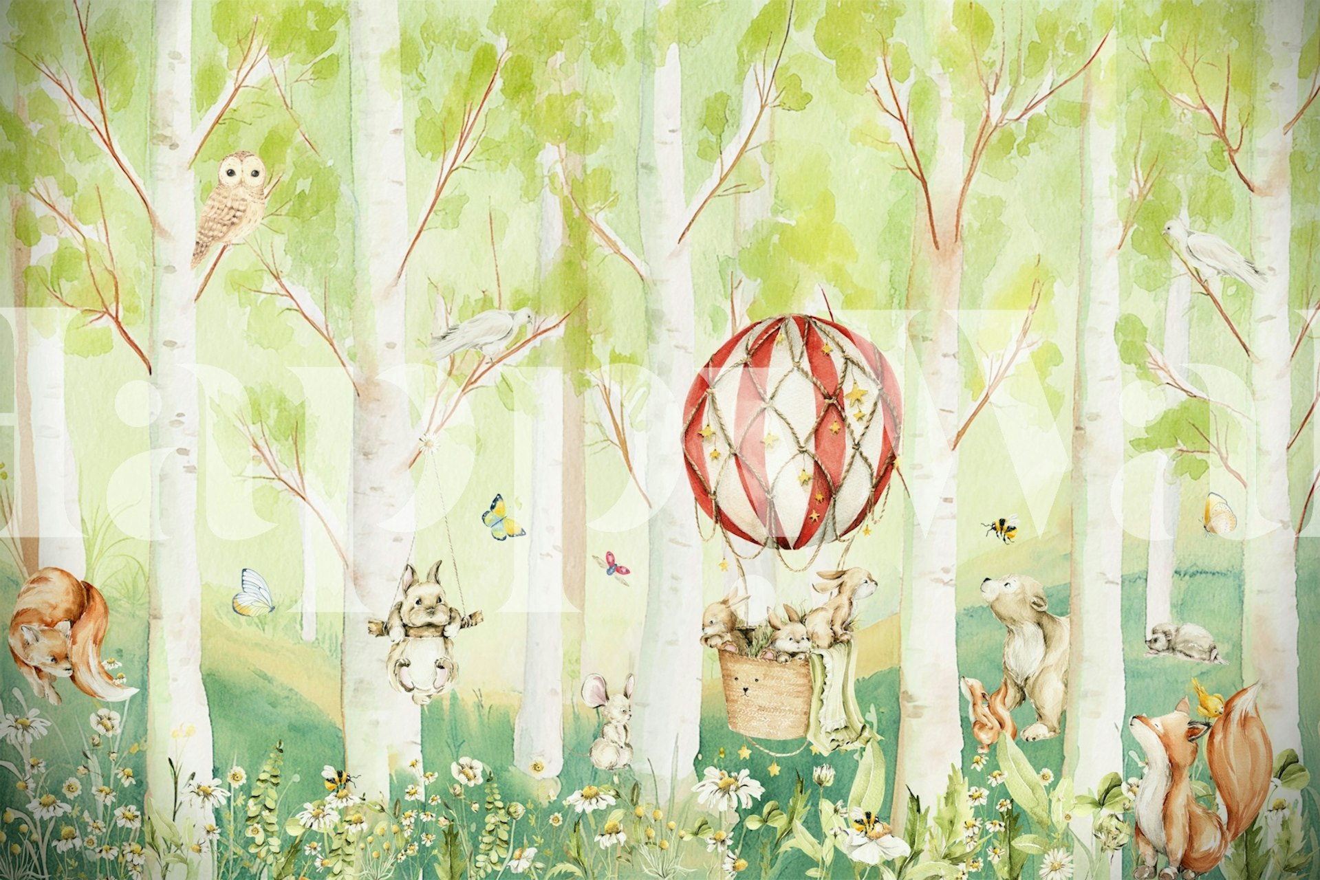 Magical forest wallpaper featuring animals and a hot air balloon